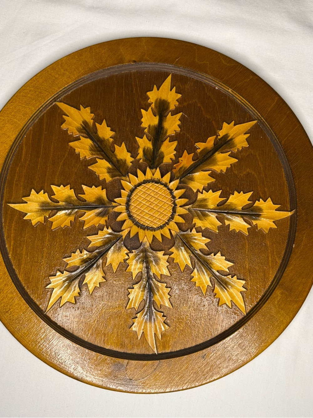 Vtg Polish Folk Art Wood Carved Wall Plaque Sunflower Acanthus Thistle-Zakopane